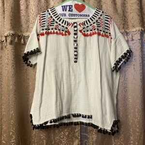 Johnny Was Top Ivory Kitti Gauze Cotton Embroidered Tassle Size Medium